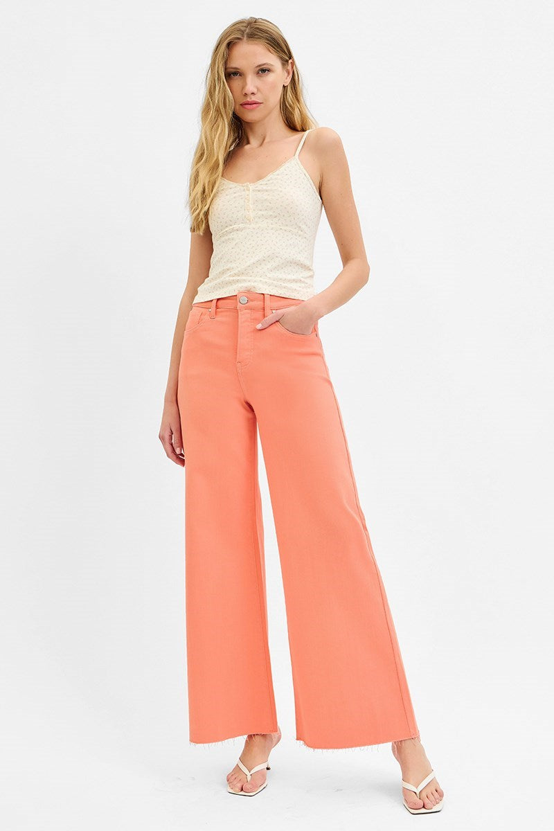 Tummy Control High Rise Wide Leg Palazzo Jeans with Raw Hem - Risen - RARA Boutique