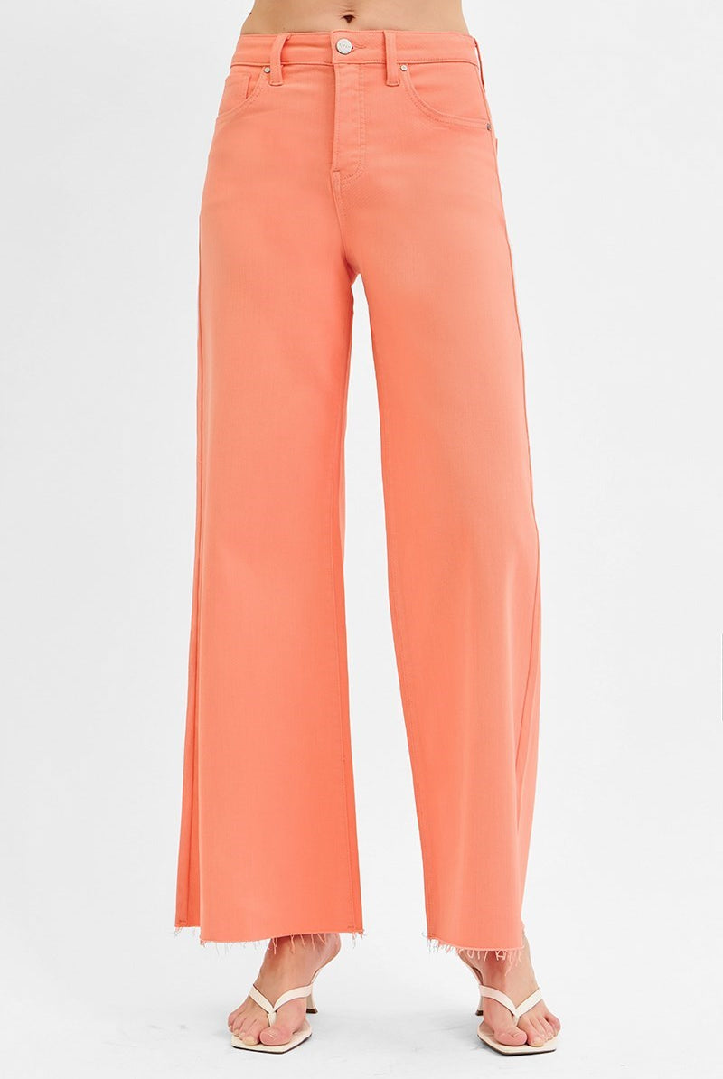 Tummy Control High Rise Wide Leg Palazzo Jeans with Raw Hem - Risen - RARA Boutique