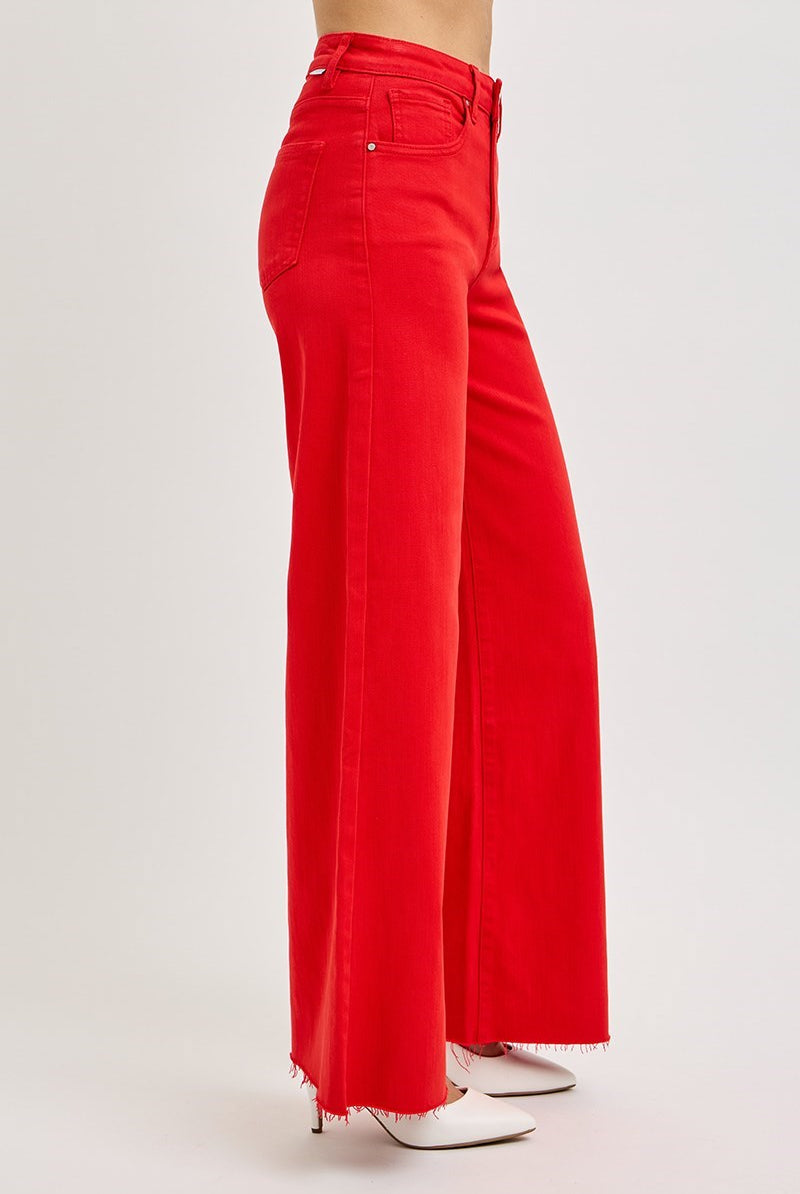 Tummy Control High Rise Wide Leg Palazzo Jeans with Raw Hem - Risen - RARA Boutique