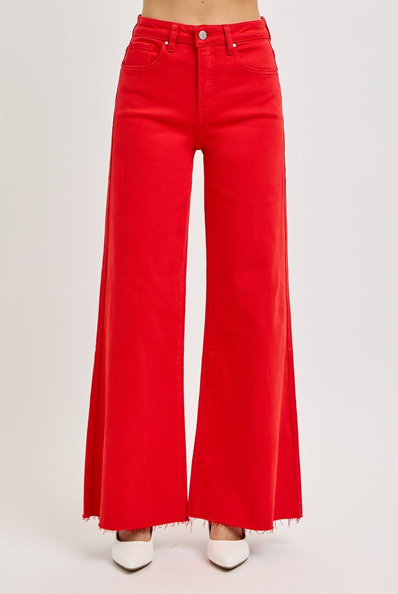 Tummy Control High Rise Wide Leg Palazzo Jeans with Raw Hem - Risen - RARA Boutique