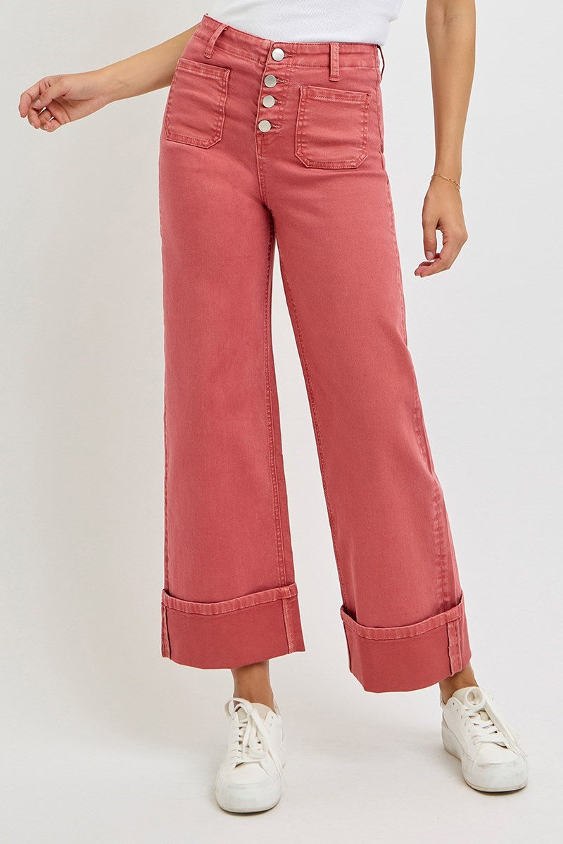 Risen wide leg patch pocket button fly jeans in brick color, denim style with front and back pockets, casual fashion jeans.
