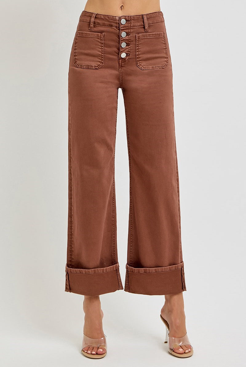 Risen wide leg patch pocket button fly jeans in espresso with relaxed fit and classic denim look.