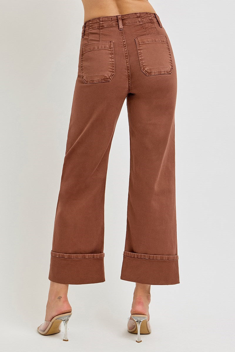 Risen wide leg patch pocket button fly jeans in espresso color, showing front view with patch pockets and button fly detail.