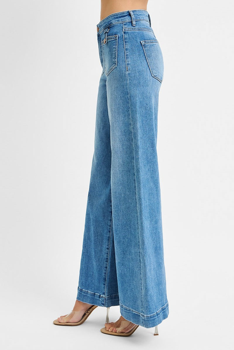 Mid Rise Wide Leg Patch Pocket Jeans - Risen - RARA Boutique