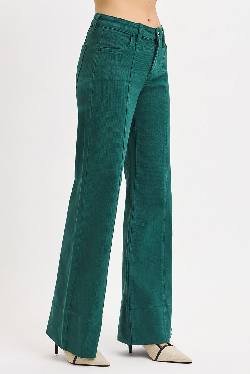 Risen Tummy Control Mid Rise Pin Tuck Wide Leg Jeans in hunter green with wide hem and relaxed fit, showcasing their stylish design.