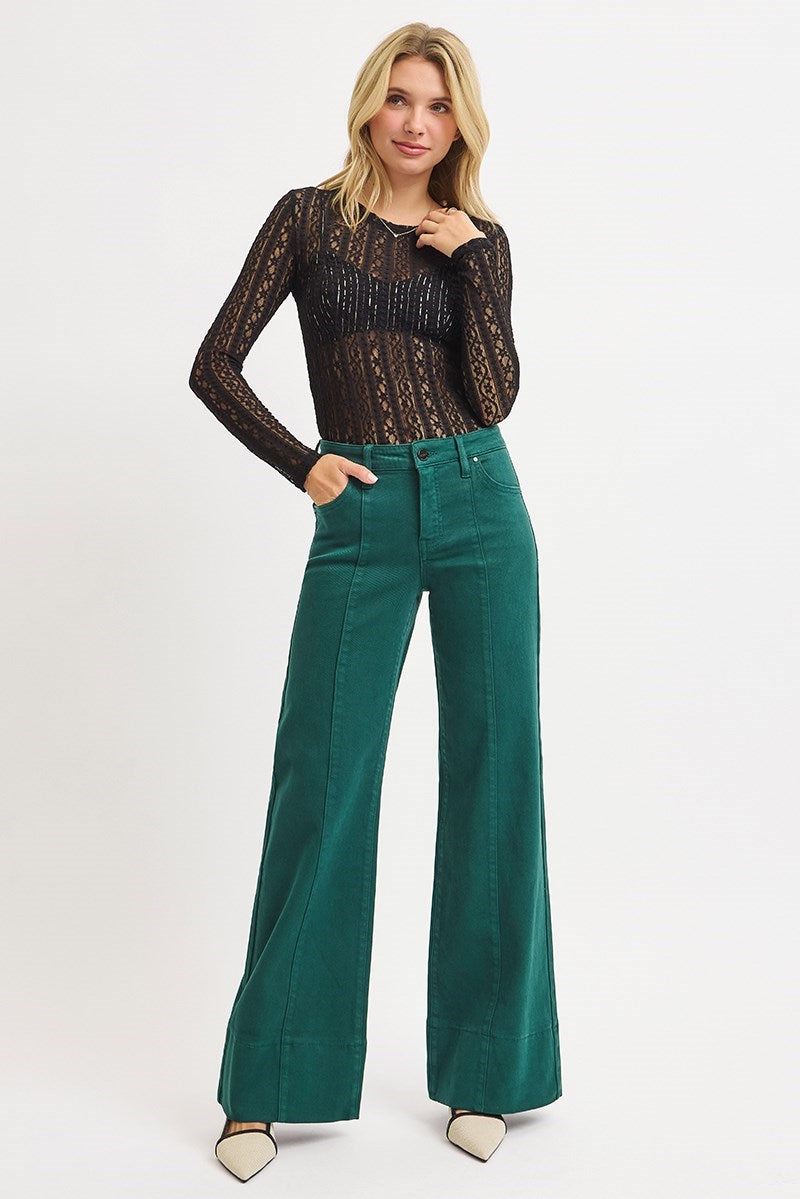 RARA Boutique green mid-rise jeans with tummy control, pin tuck details, wide leg and wide hem, stylish and comfortable denim.