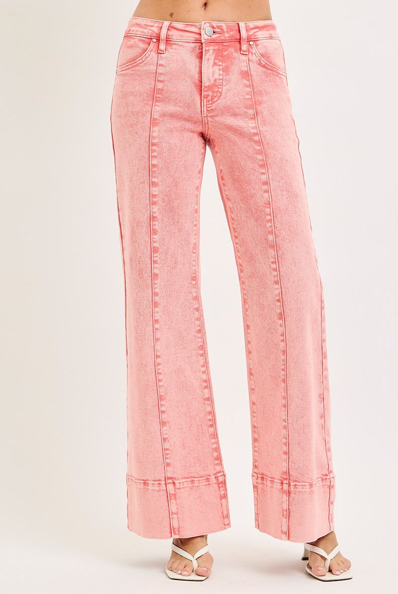 Mineral washed mid-rise wide leg jeans with front seams from RARA Boutique, featuring a relaxed fit and trendy style.