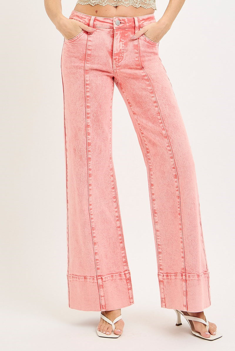 Mineral washed mid-rise wide-leg jeans with front seams from Risen, displayed on a hanger against a neutral background.