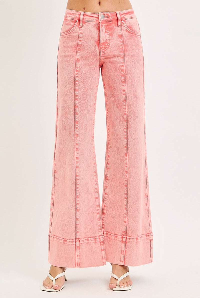 Mineral washed mid-rise wide-leg jeans with front seams by RARA Boutique, showing the relaxed fit and stylish design.