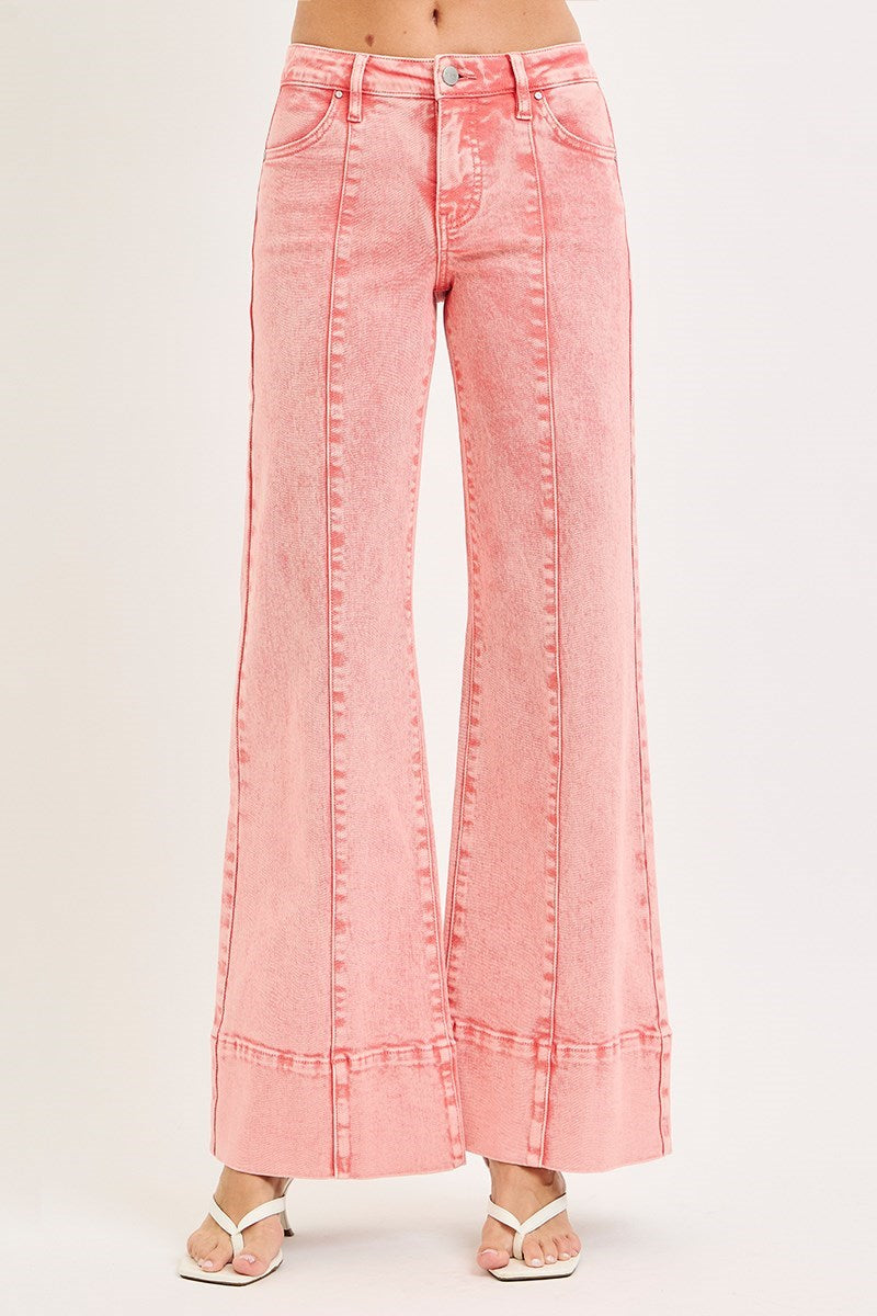 Mineral washed mid-rise wide-leg jeans with front seams by RARA Boutique, showing the relaxed fit and stylish design.