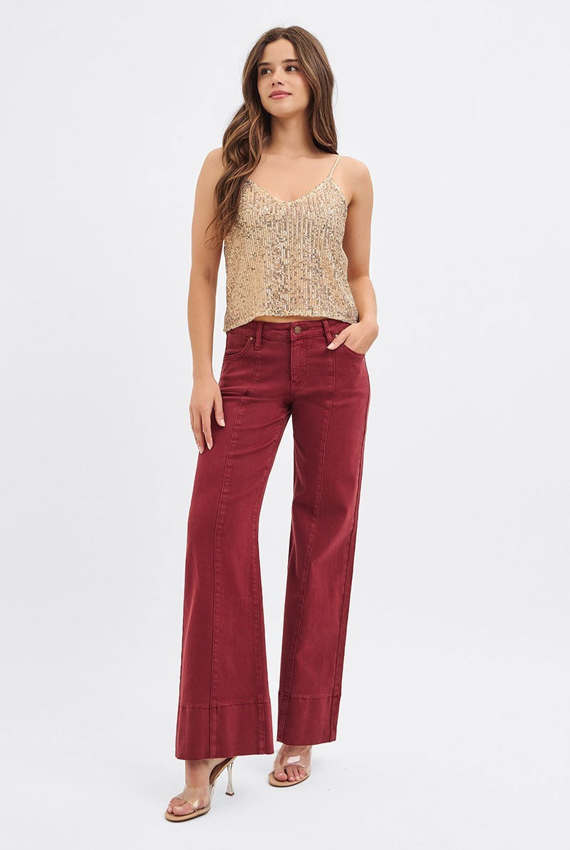 Risen Tummy Control Mid Rise Pin Tuck Wide Leg Jeans with Wide Hem in wine color, featuring a flattering fit and stylish design.