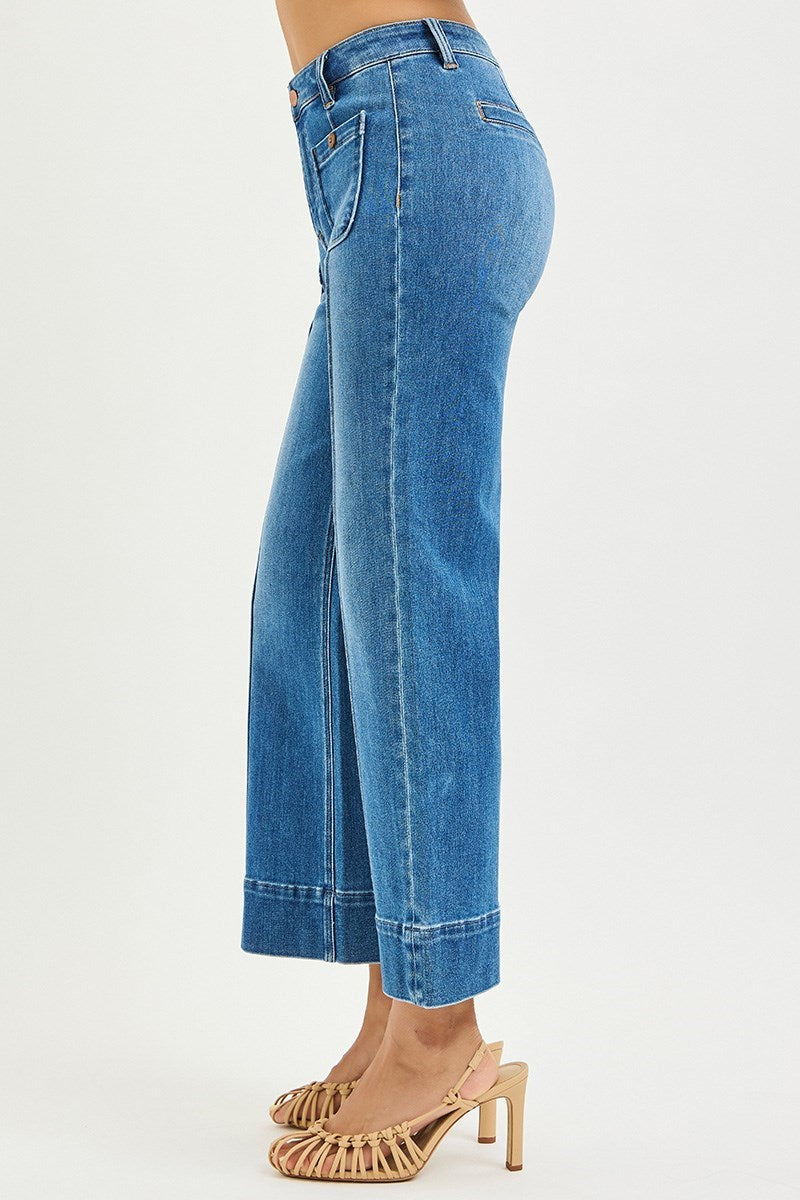 Medium Risen Pintuck Square Patch Pocket Wide Leg Cropped Jeans with front pockets and relaxed fit.