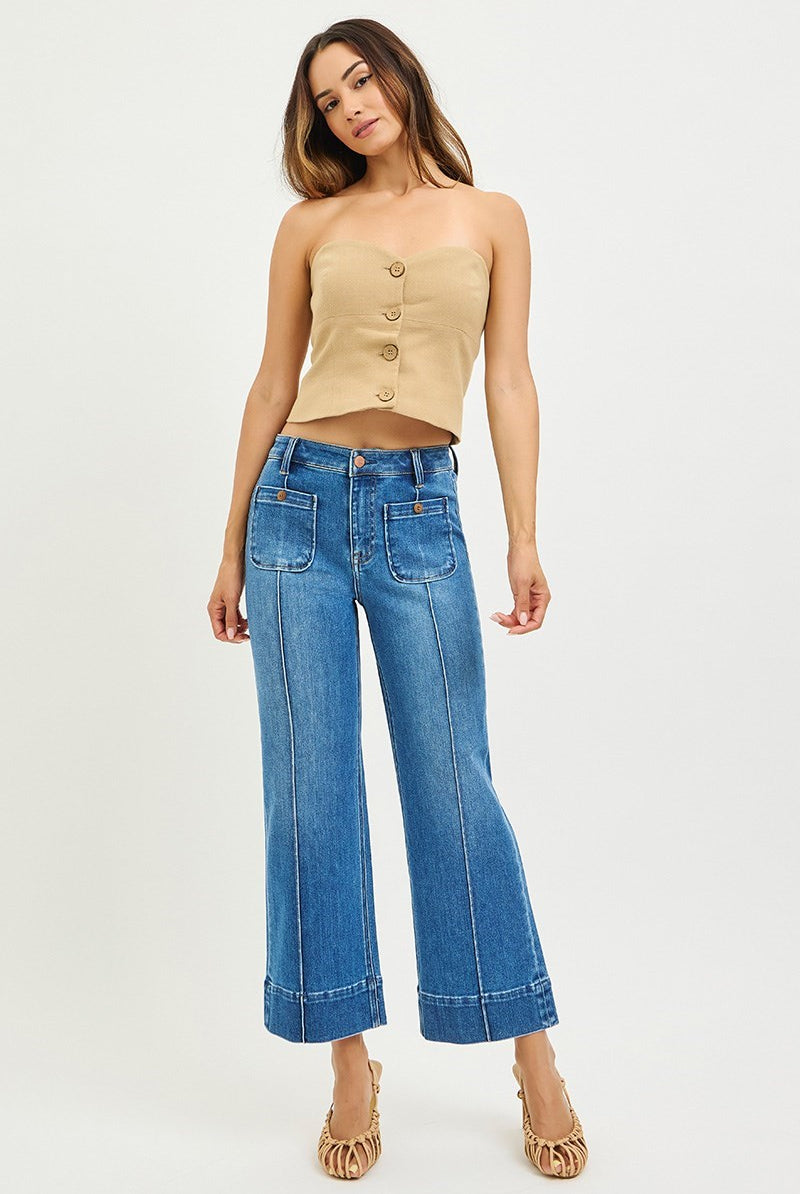 Light blue Risen pintuck square patch pocket cropped wide-leg jeans with front pockets and relaxed fit.