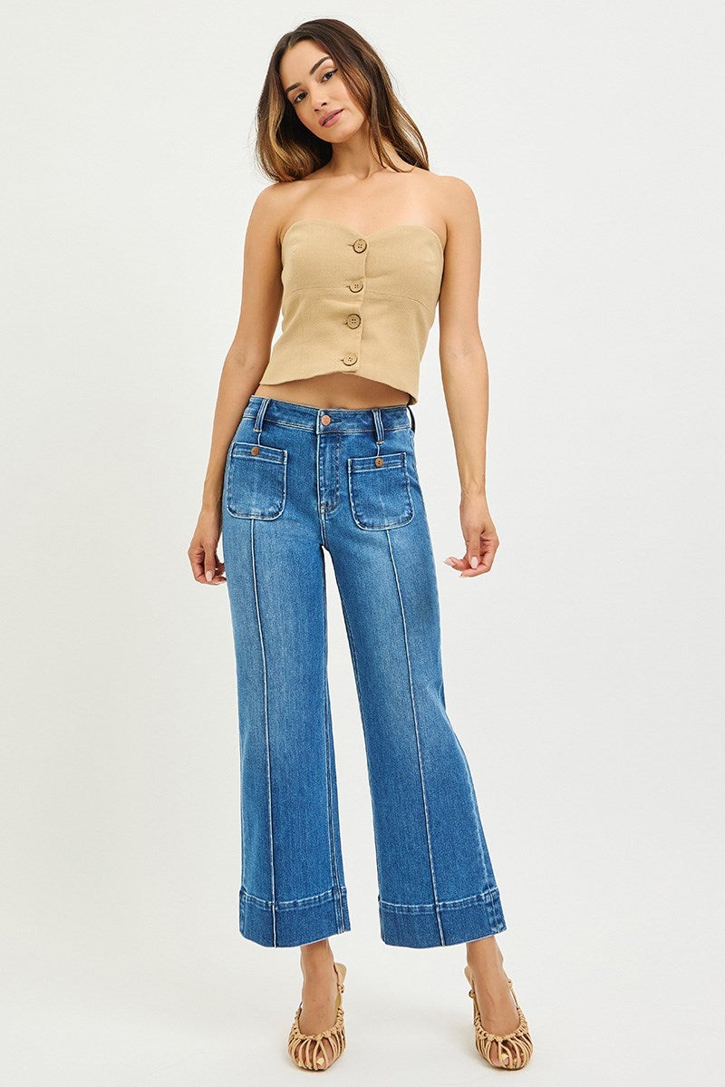 Light blue Risen pintuck square patch pocket cropped wide-leg jeans with front pockets and relaxed fit.