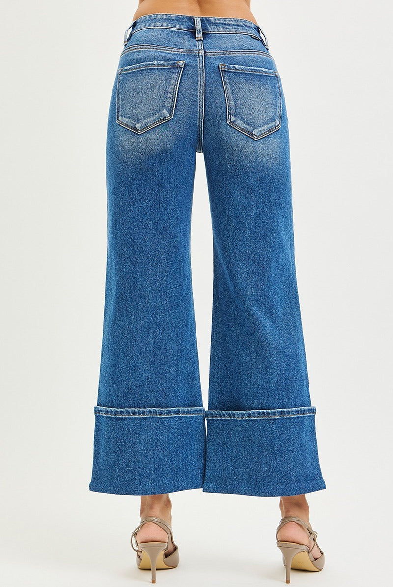 Button Detail Cuffed High Rise Cropped Wide Leg Jeans - Risen - RARA Boutique