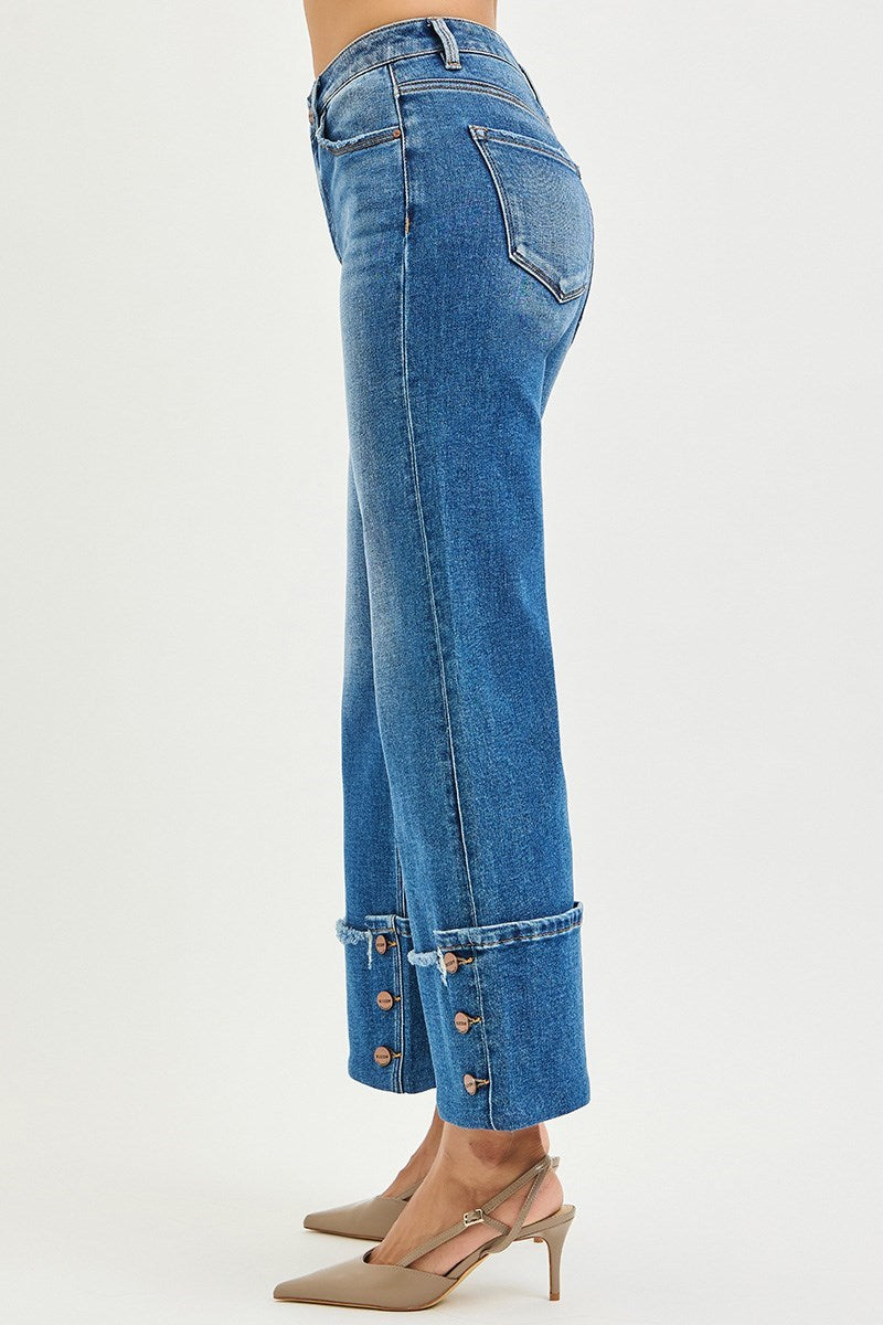 Button Detail Cuffed High Rise Cropped Wide Leg Jeans - Risen - RARA Boutique