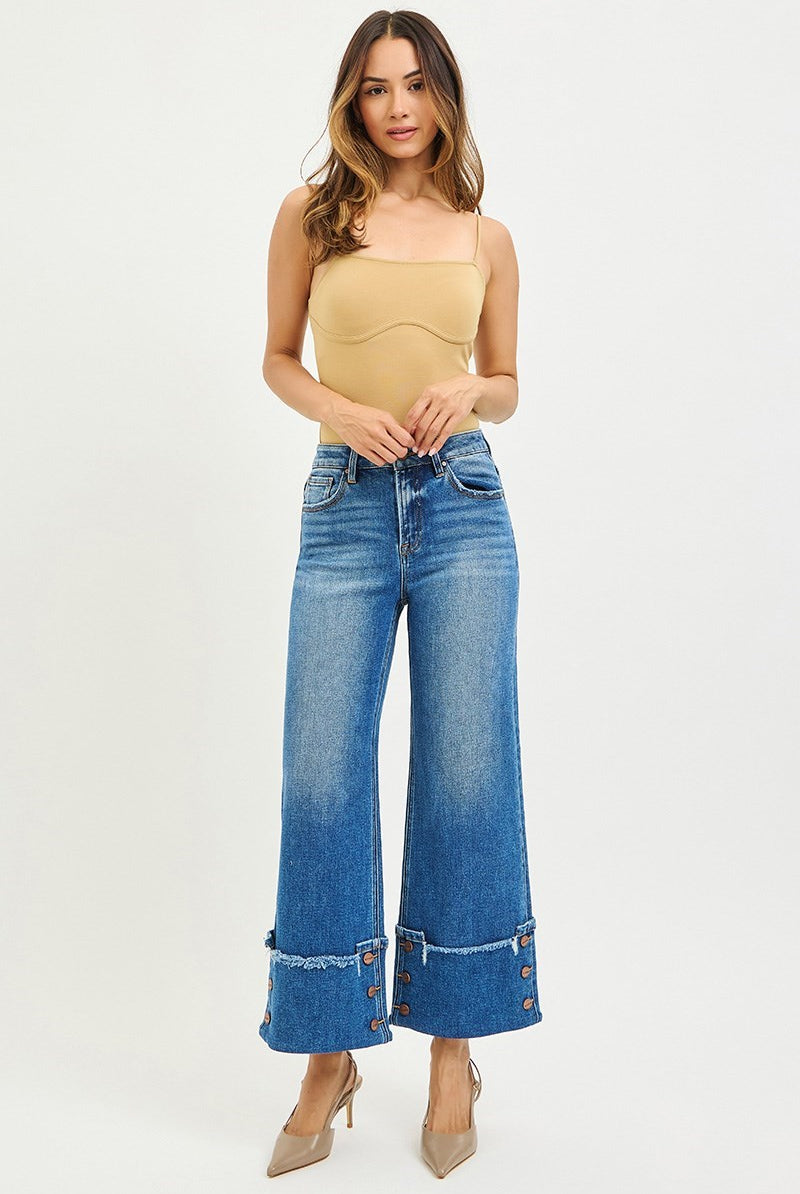 Button Detail Cuffed High Rise Cropped Wide Leg Jeans - Risen - RARA Boutique