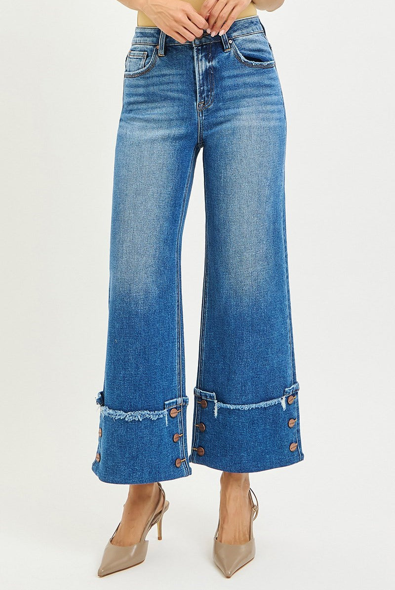 Button Detail Cuffed High Rise Cropped Wide Leg Jeans - Risen - RARA Boutique