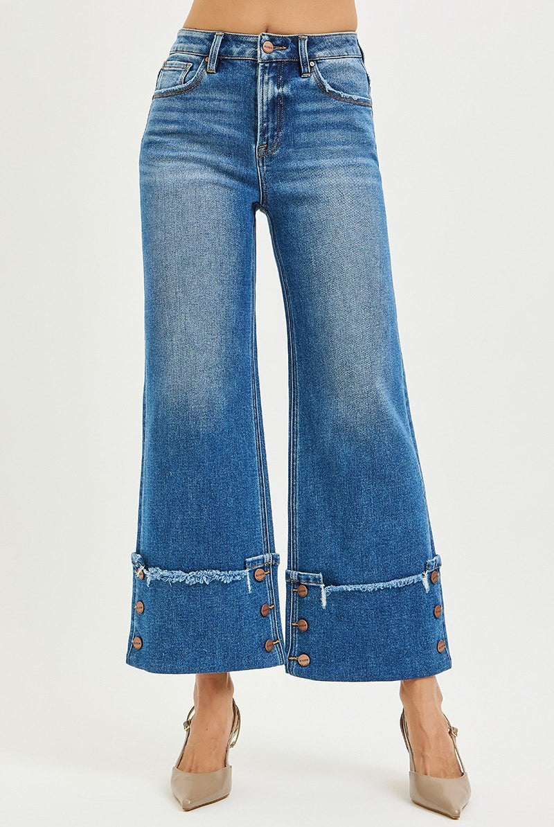 Button Detail Cuffed High Rise Cropped Wide Leg Jeans - Risen - RARA Boutique