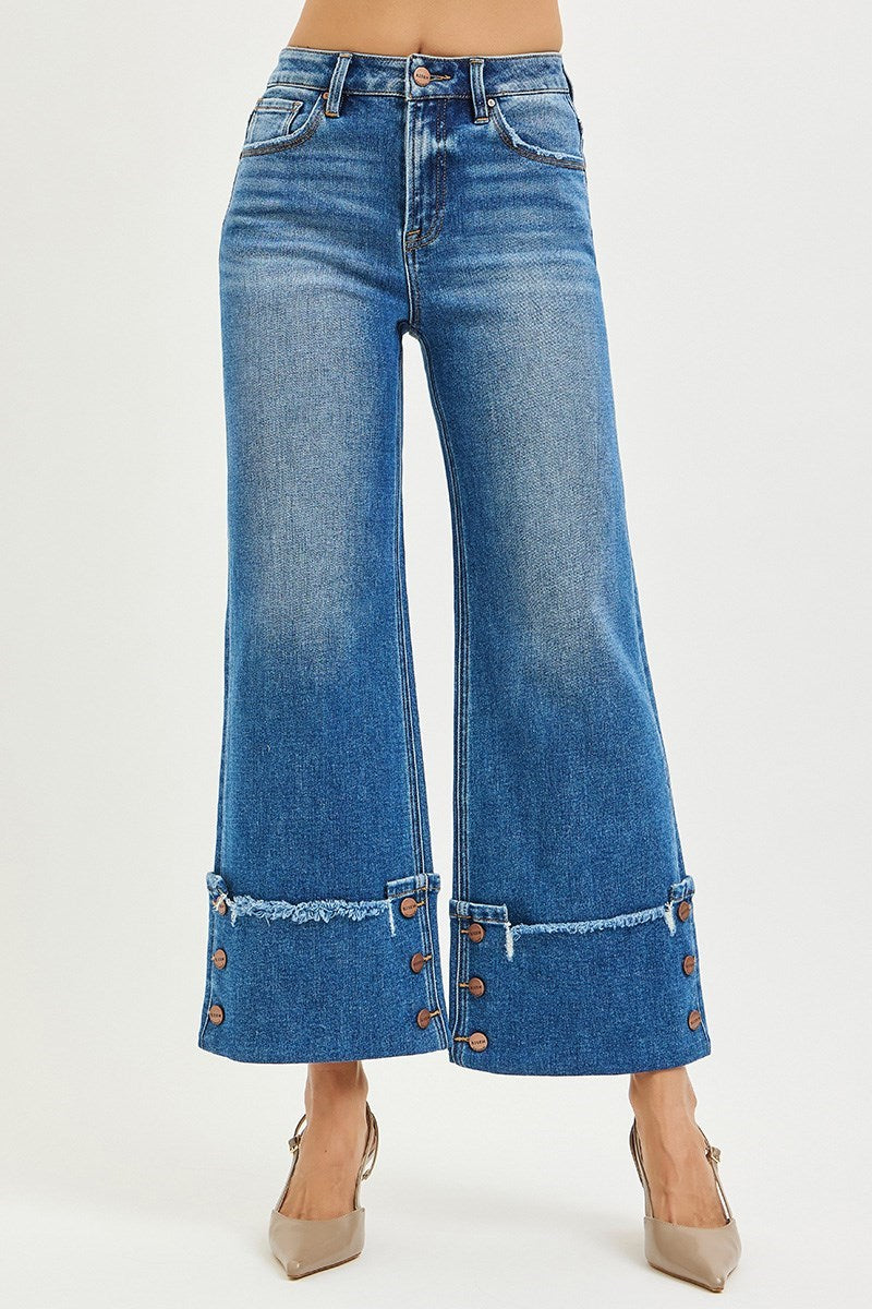 Button Detail Cuffed High Rise Cropped Wide Leg Jeans - Risen - RARA Boutique
