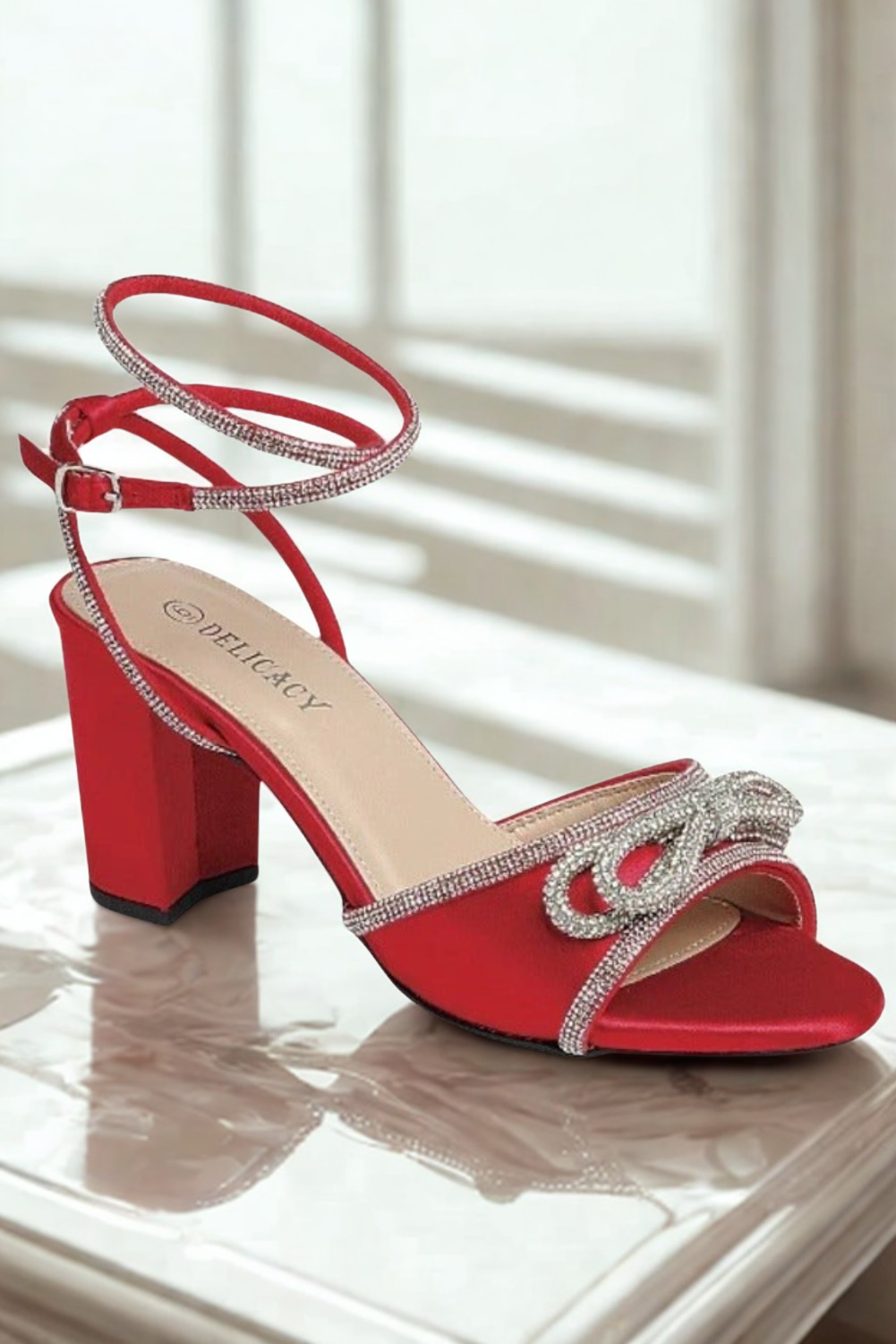 Rhinestone Embellished Bow Lace-Up Block Heels - Delicacy - RARA Boutique