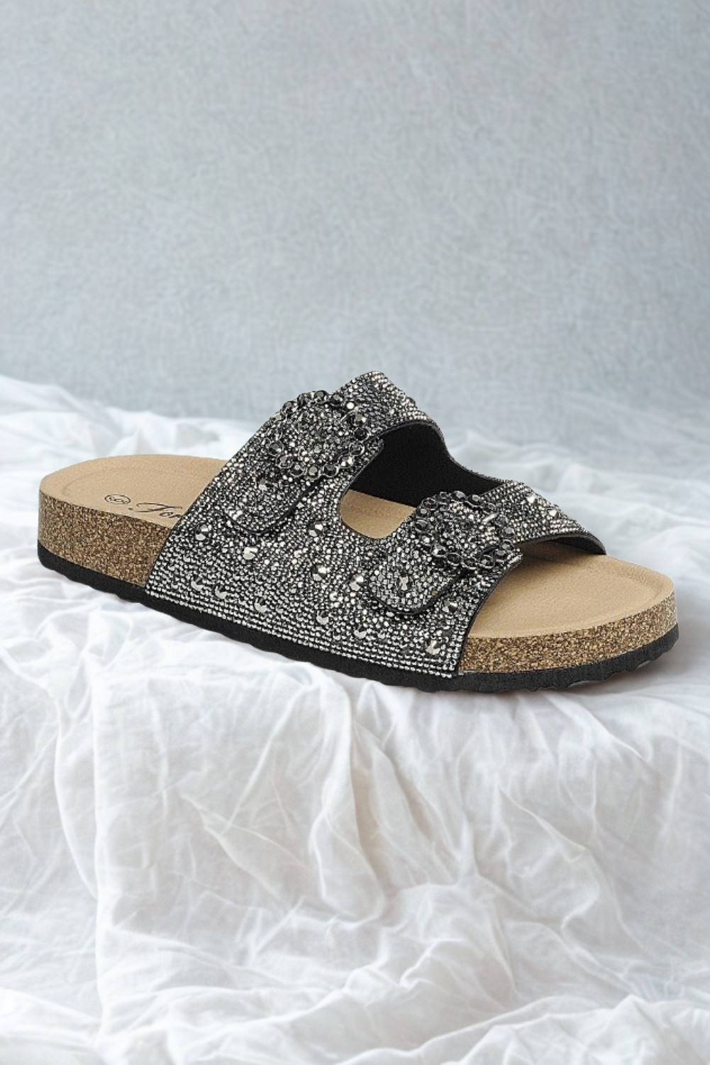 Rhinestone Cork Sole Double Buckle Slide Sandals - Forever - RARA Boutique
