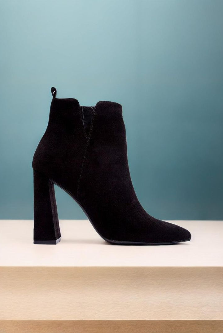 Suede Pyramid Heel Ankle Booties with Pointed Toe - Qupid - RARA Boutique