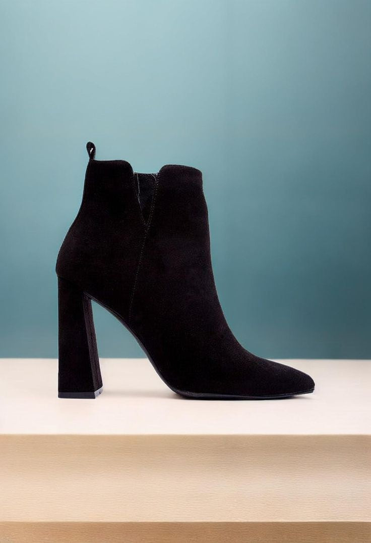 Suede Pyramid Heel Ankle Booties with Pointed Toe - Qupid - RARA Boutique