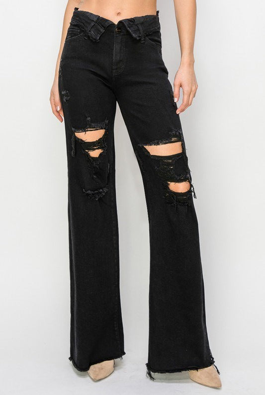 Folded Waist Distressed Wide Leg Jeans - Risen - RARA Boutique