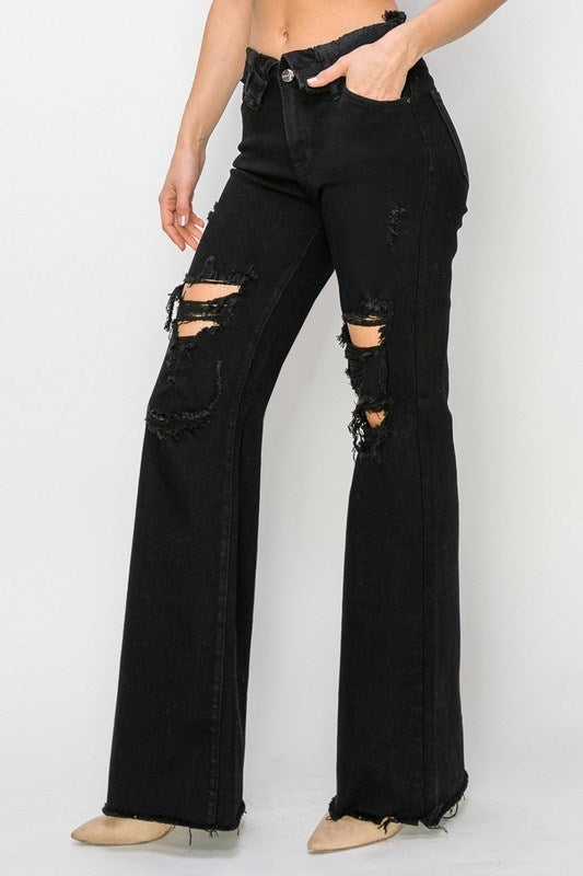 Folded Waist Distressed Wide Leg Jeans - Risen - RARA Boutique