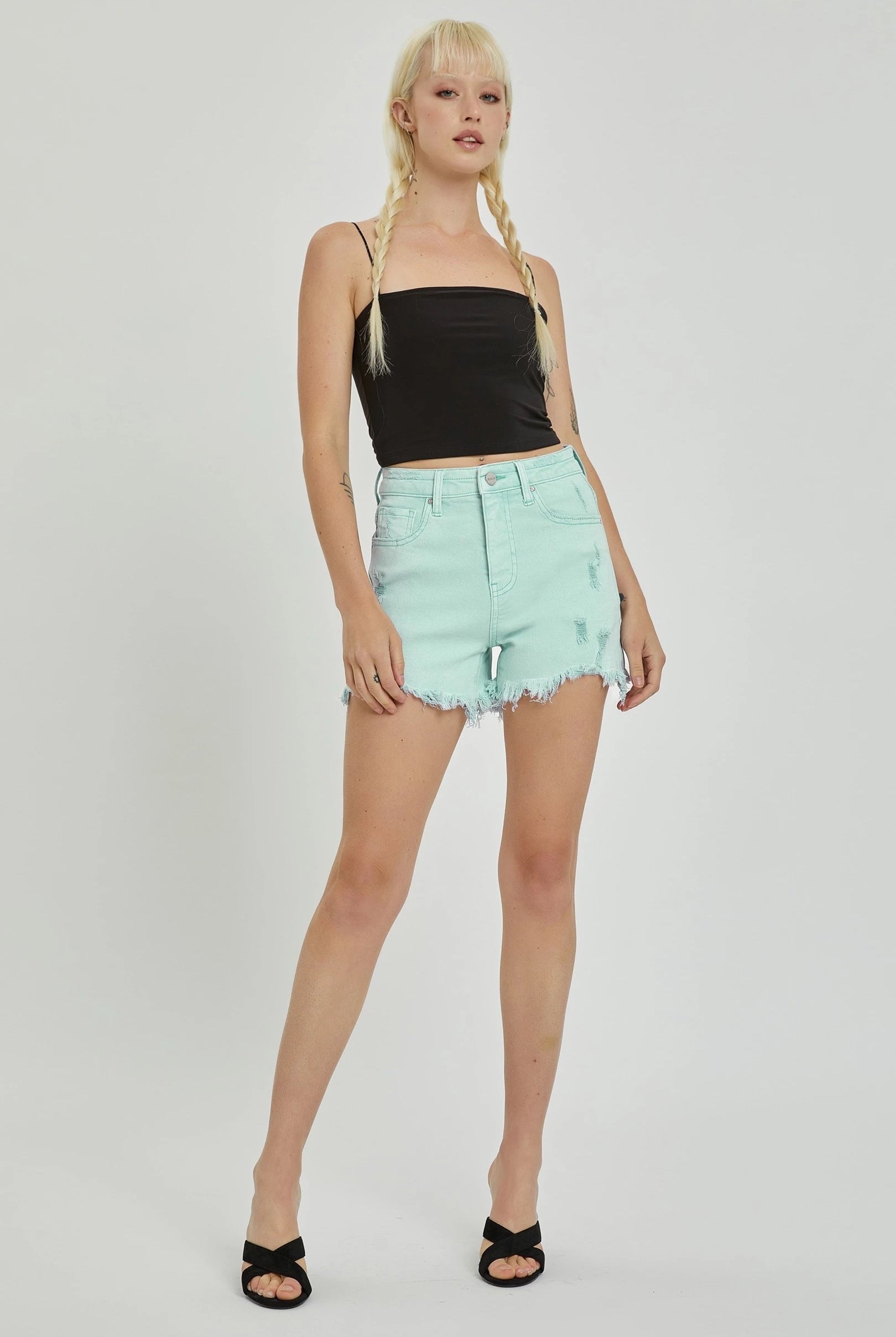 Pastel Mid-Rise Frayed Denim Shorts - Risen - RARA Boutique