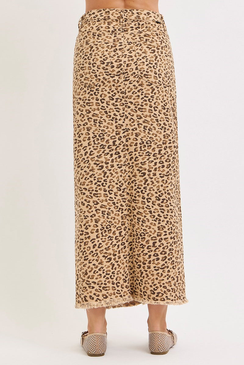 Leopard Print Denim Maxi Skirt with Front Slit - Risen - RARA Boutique