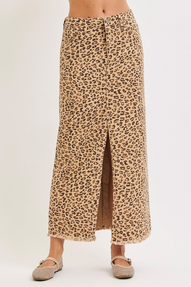 Leopard Print Denim Maxi Skirt with Front Slit - Risen - RARA Boutique