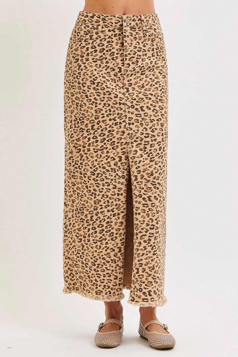 Leopard Print Denim Maxi Skirt with Front Slit - Risen - RARA Boutique