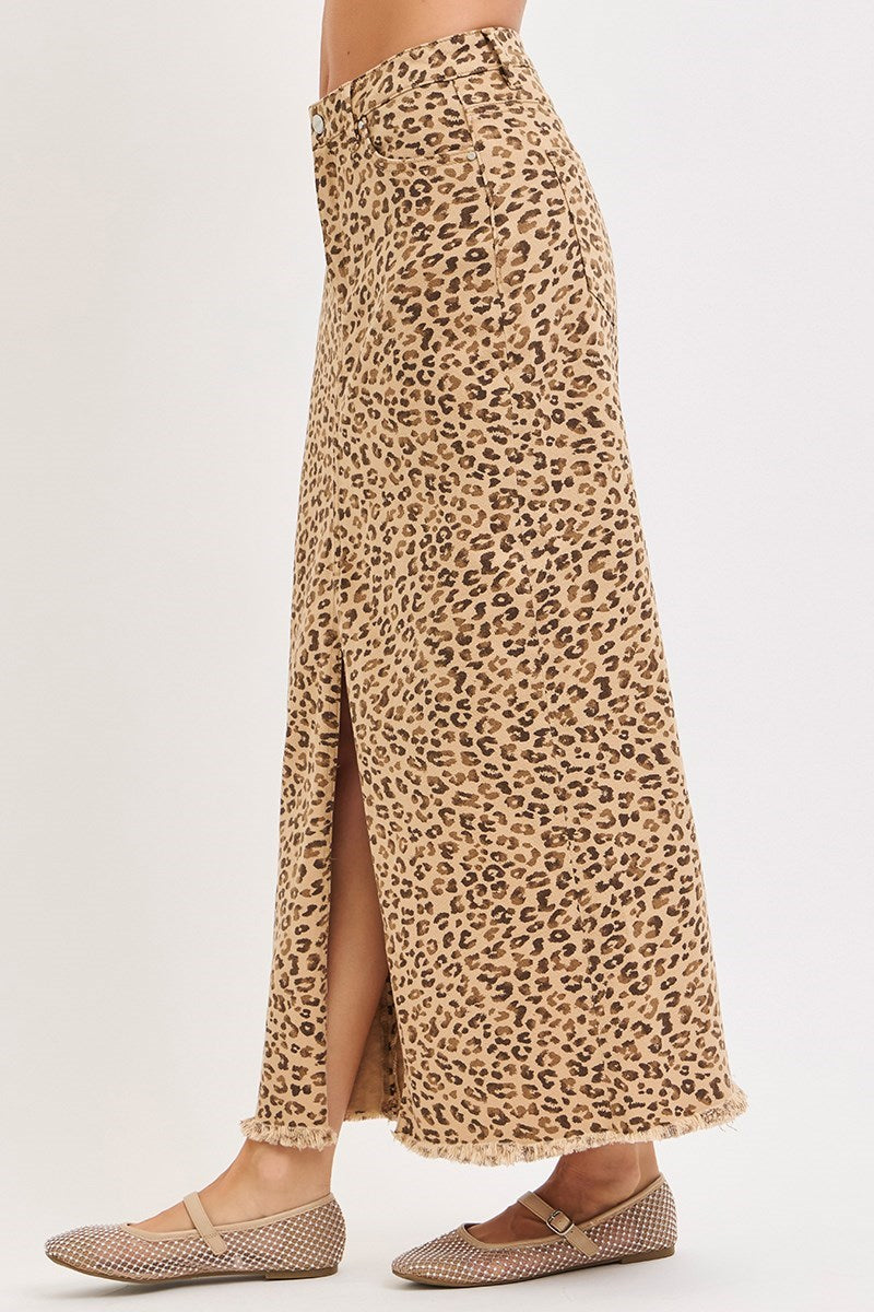 Leopard Print Denim Maxi Skirt with Front Slit - Risen - RARA Boutique