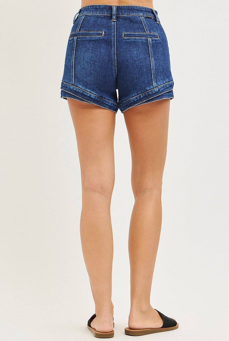 Dark denim layered double hem front seam shorts by Risen, featuring stylish design and front seam detail.