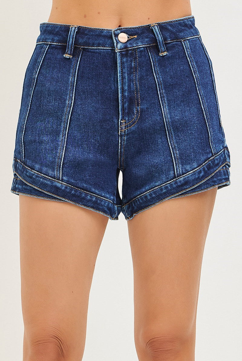 Dark denim layered double hem front seam shorts by Risen, featuring distressed details and stylish front seam design.