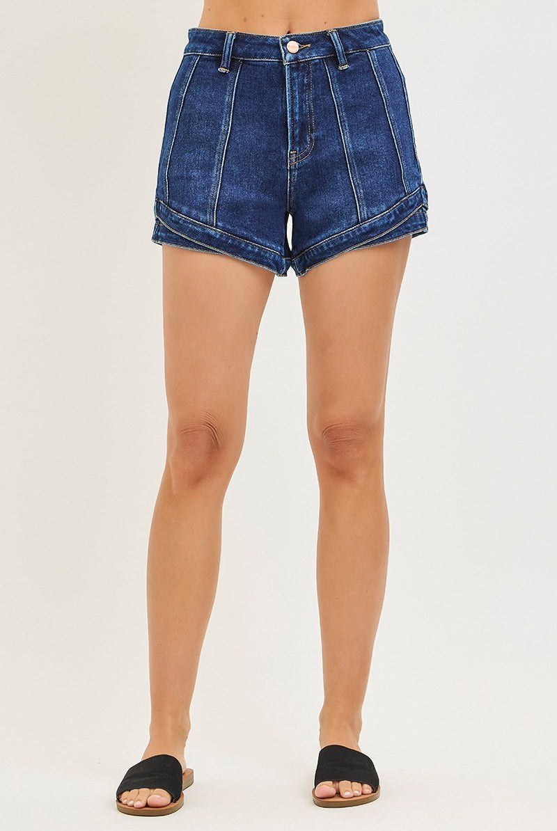 Dark denim layered double hem front seam shorts by Risen, featuring stylish cut and stitched details on the front.