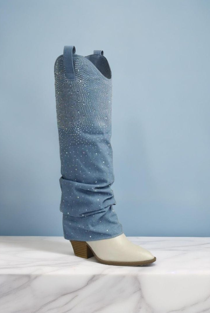 Rhinestone Slouchy Denim Two-Tone Fold Over Boots - Forever - RARA Boutique