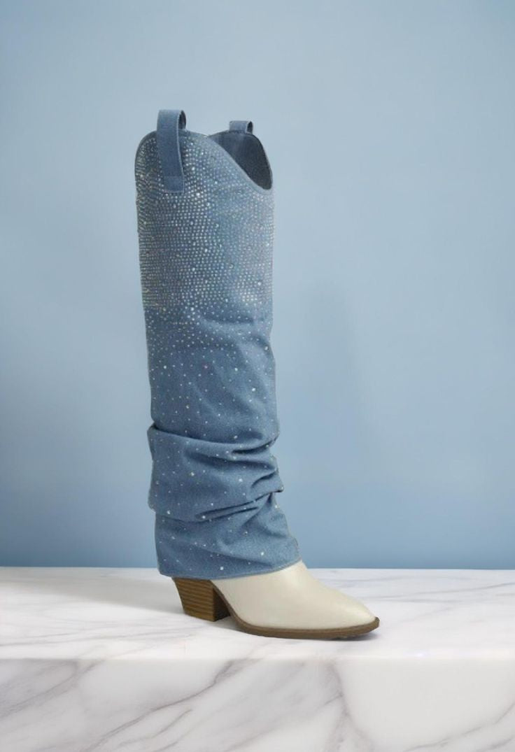 Rhinestone Slouchy Denim Two-Tone Fold Over Boots - Forever - RARA Boutique