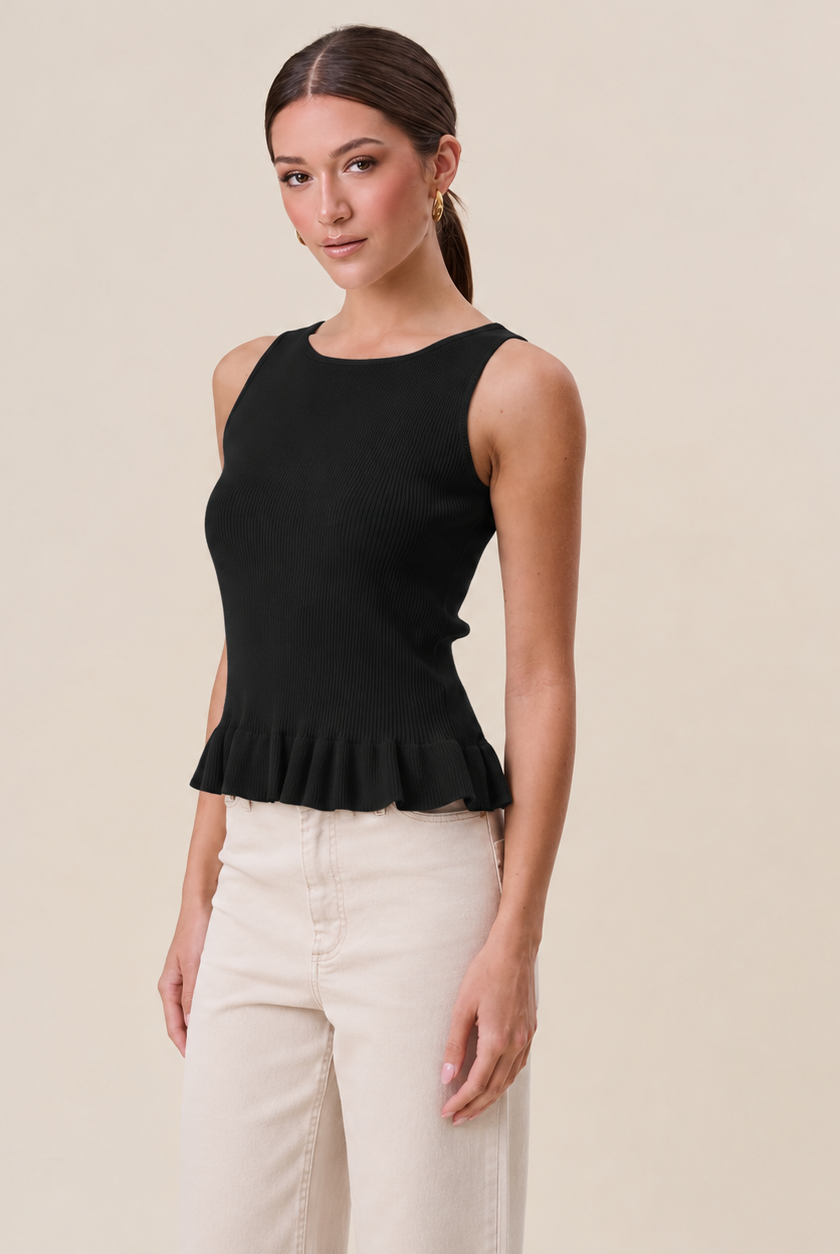 Able Tuesday Top AT3189 ruffle rib-knit tank top with a fitted style and ruffled neckline, shown in ribbed fabric.