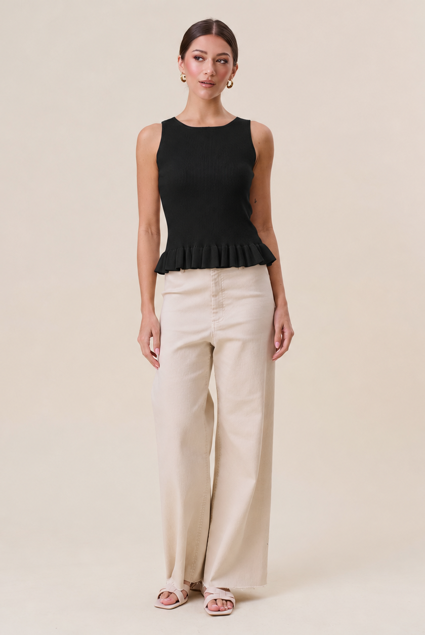 Able Tuesday top AT3189 ruffle rib-knit tank top with ruffled neckline and fitted ribbed fabric, shown in a close-up image.