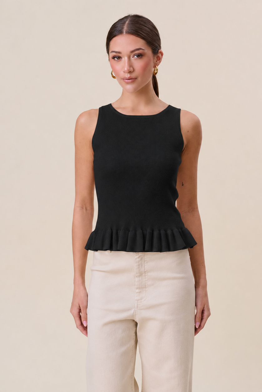 Able Tuesday Top AT3189 ruffle rib-knit tank top with gathered ruffle details and fitted ribbed fabric.