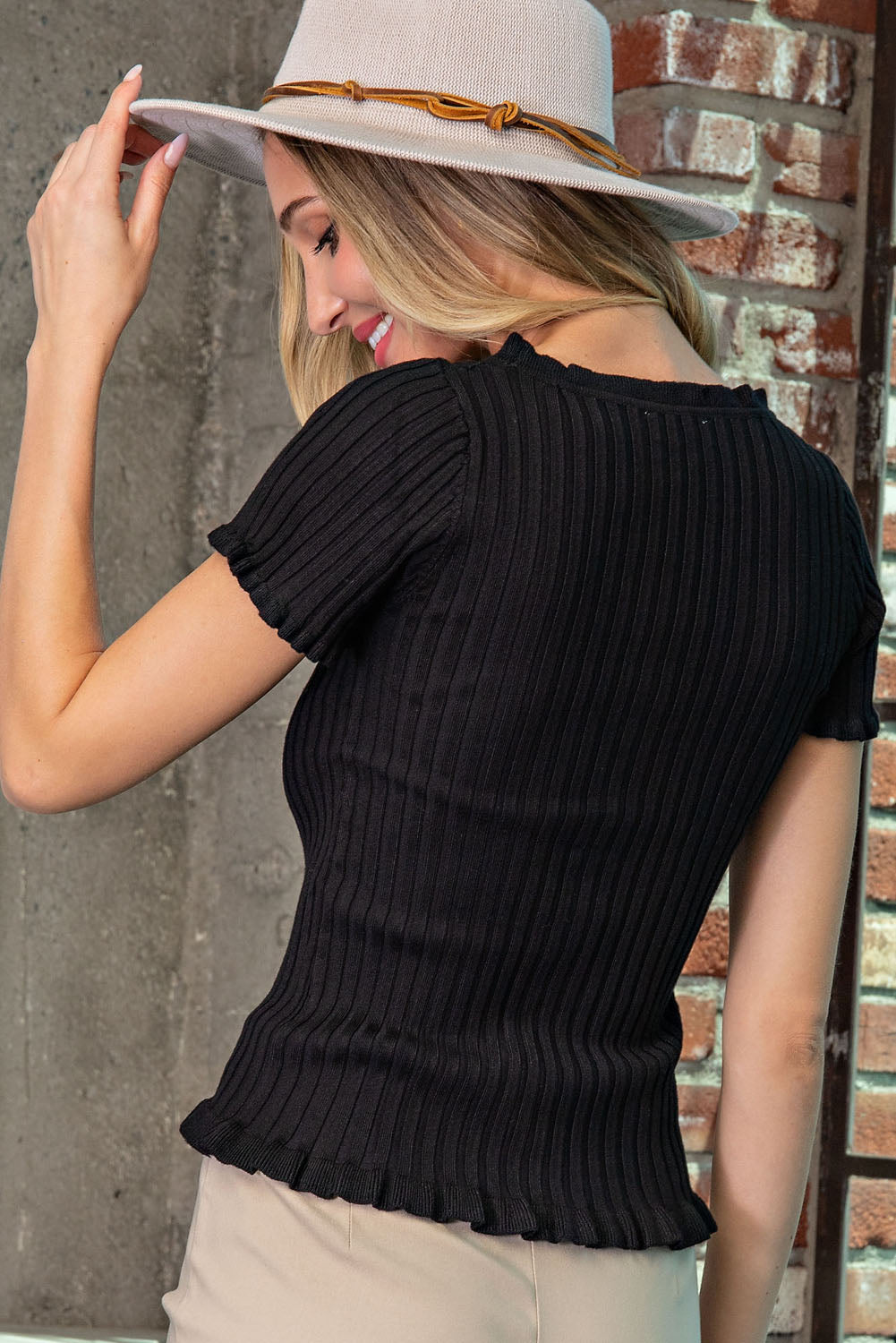 Lettuce Trim Ribbed Pearl Button Down Blouse - eesome - RARA Boutique