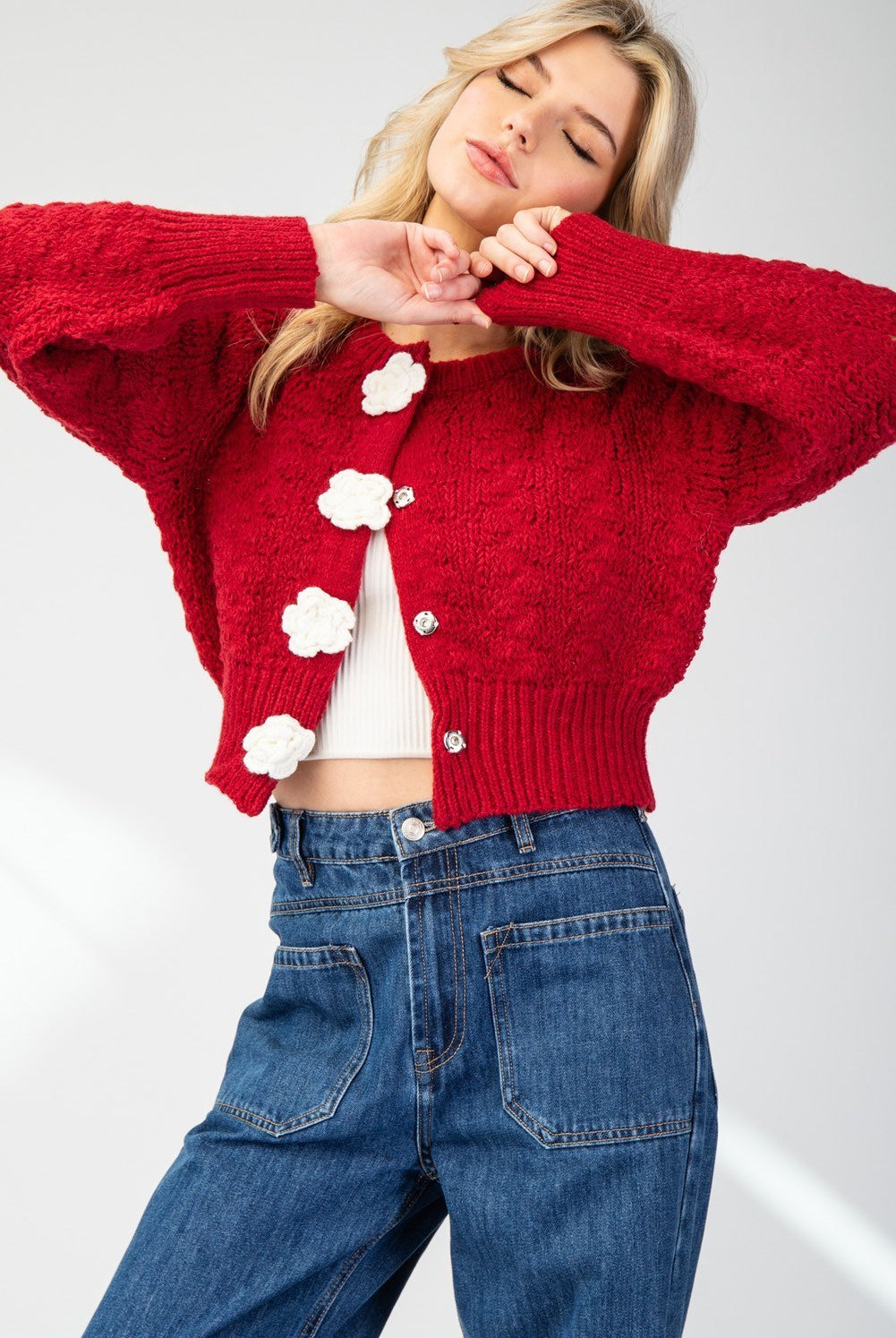 3D Flower Button Cropped Sweater Cardigan - eesome - RARA Boutique