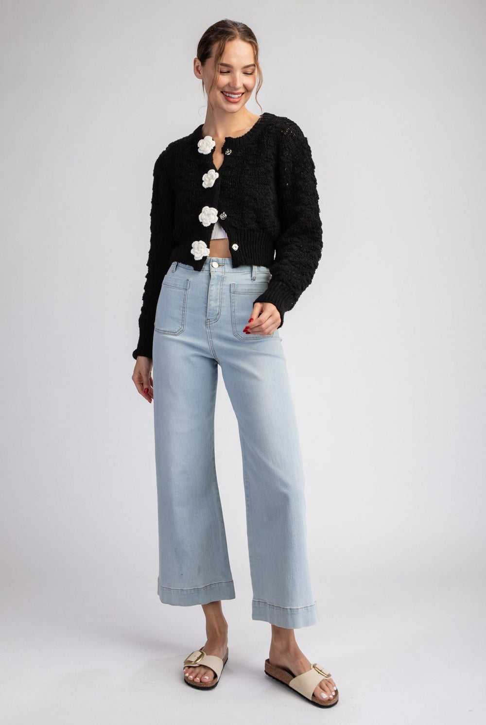 3D Flower Button Cropped Sweater Cardigan - eesome - RARA Boutique