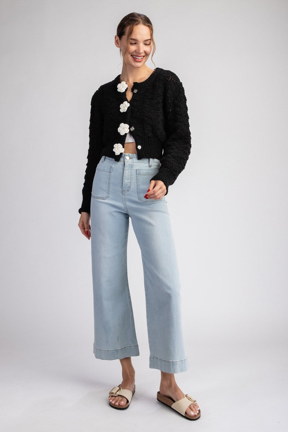 3D Flower Button Cropped Sweater Cardigan - eesome - RARA Boutique