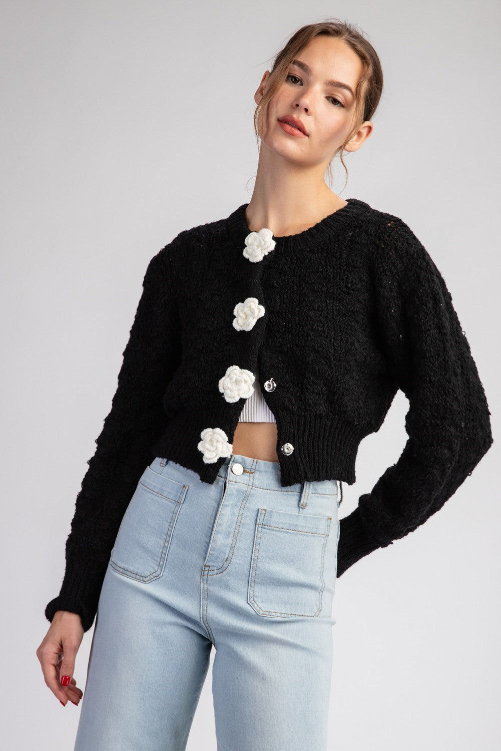 3D Flower Button Cropped Sweater Cardigan - eesome - RARA Boutique
