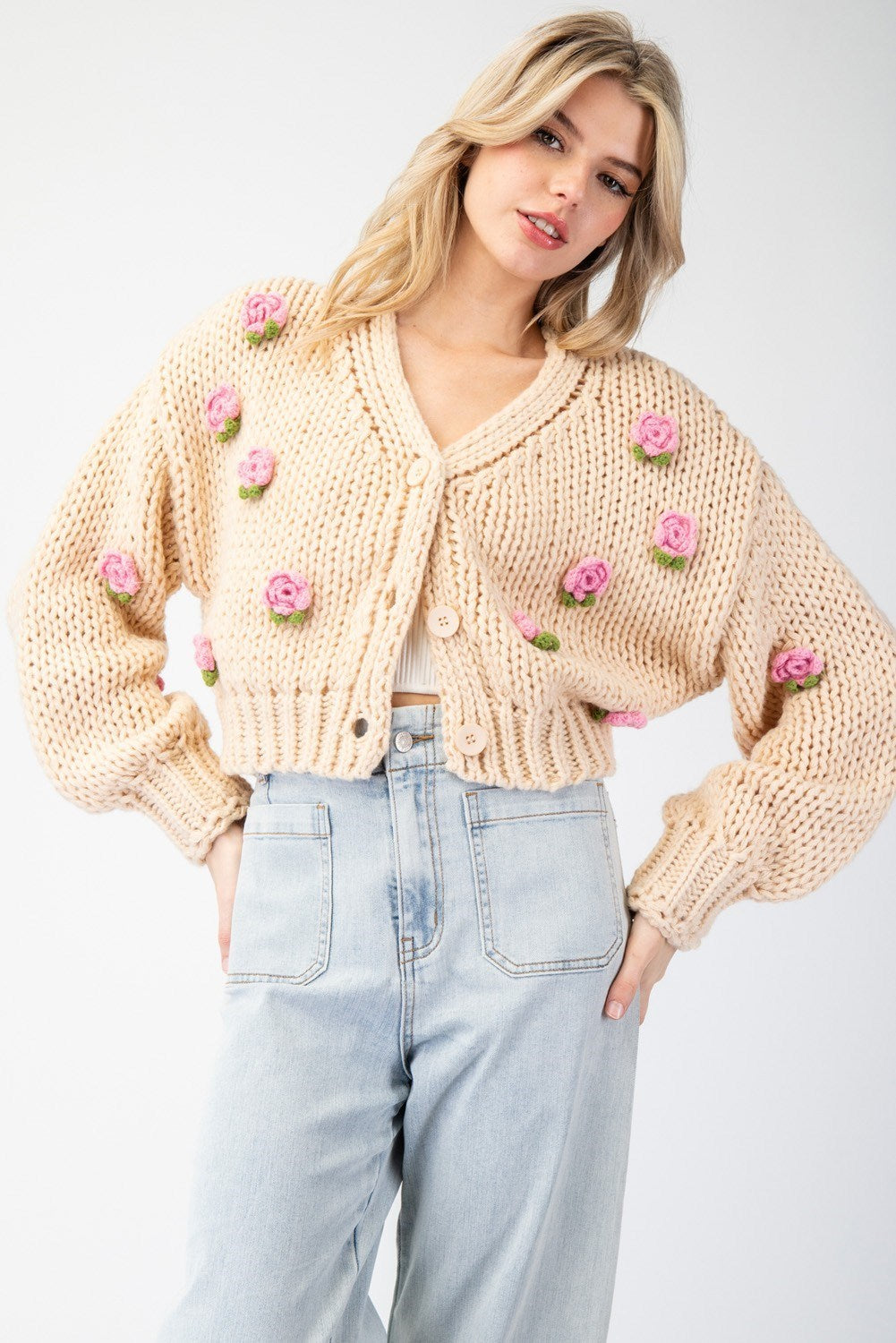 3D Rose Knit Cropped Sweater Cardigan - eesome - RARA Boutique