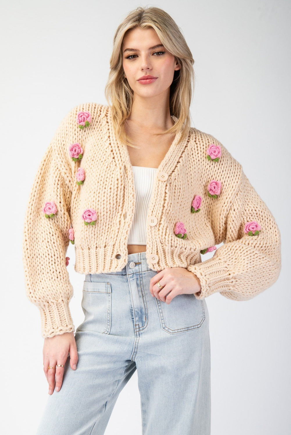 3D Rose Knit Cropped Sweater Cardigan - eesome - RARA Boutique